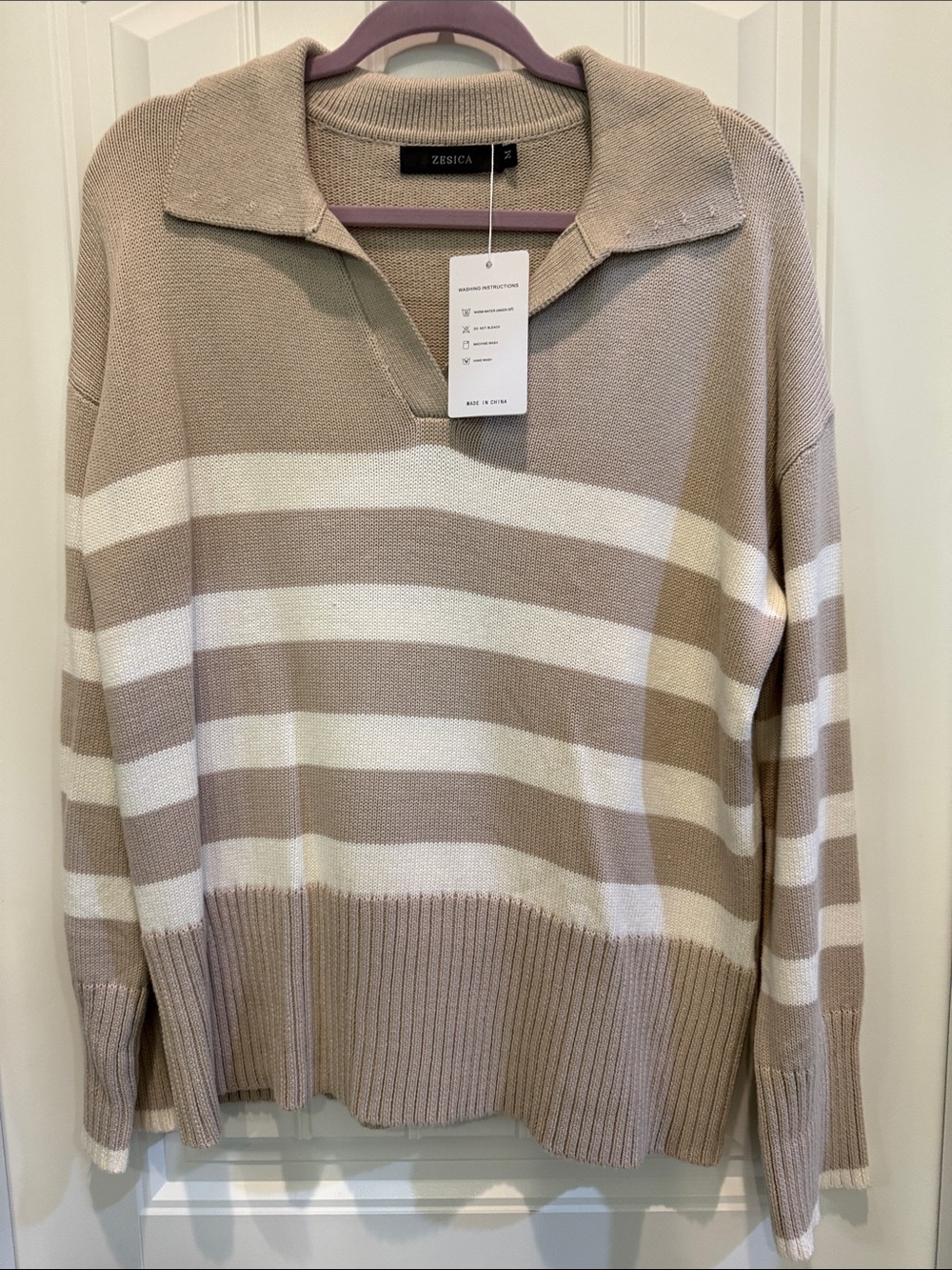 Taupe & White Striped Collared V-Neck Sweater